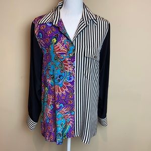 Vintage Koos Silk Top Button Down Stripe Floral Blouse
